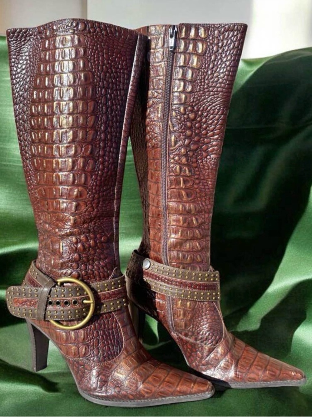Gianni Bini Brown Croc-Embossed Knee Boots with Buckle